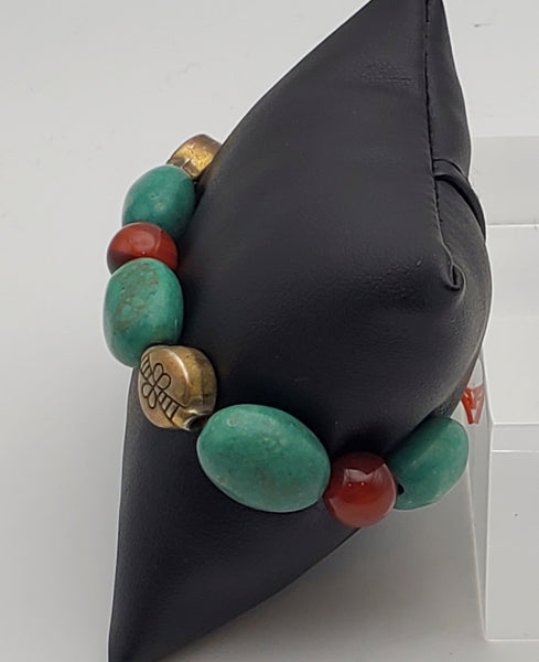 Turquoise, Carnelian and Brass Beaded Stretch Bracelet