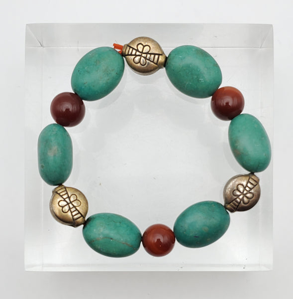 Turquoise, Carnelian and Brass Beaded Stretch Bracelet