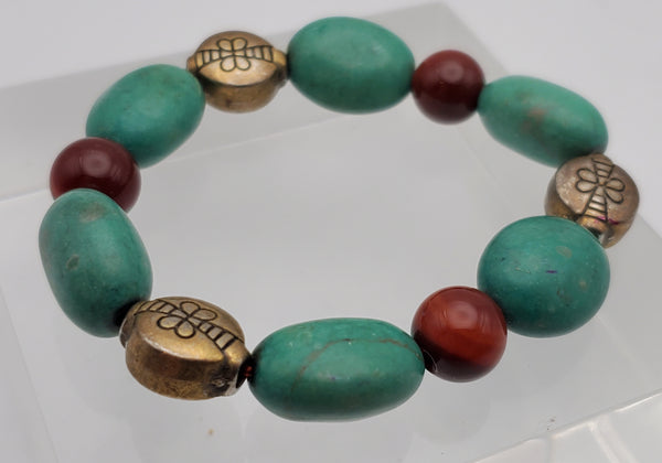 Turquoise, Carnelian and Brass Beaded Stretch Bracelet