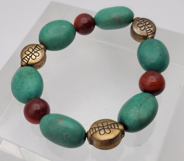 Turquoise, Carnelian and Brass Beaded Stretch Bracelet