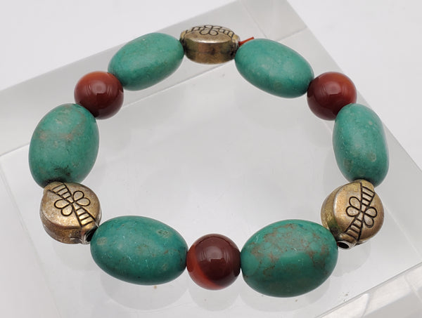 Turquoise, Carnelian and Brass Beaded Stretch Bracelet