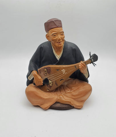 Vintage Realistic Man Playing Biwa Japanese Ceramic Hakata Doll