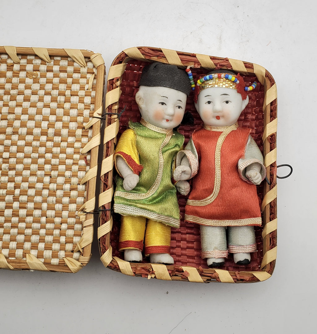 Vintage Pair of Japanese Porcelain Dolls in Wicker Basket