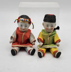 Vintage Pair of Japanese Porcelain Dolls in Wicker Basket