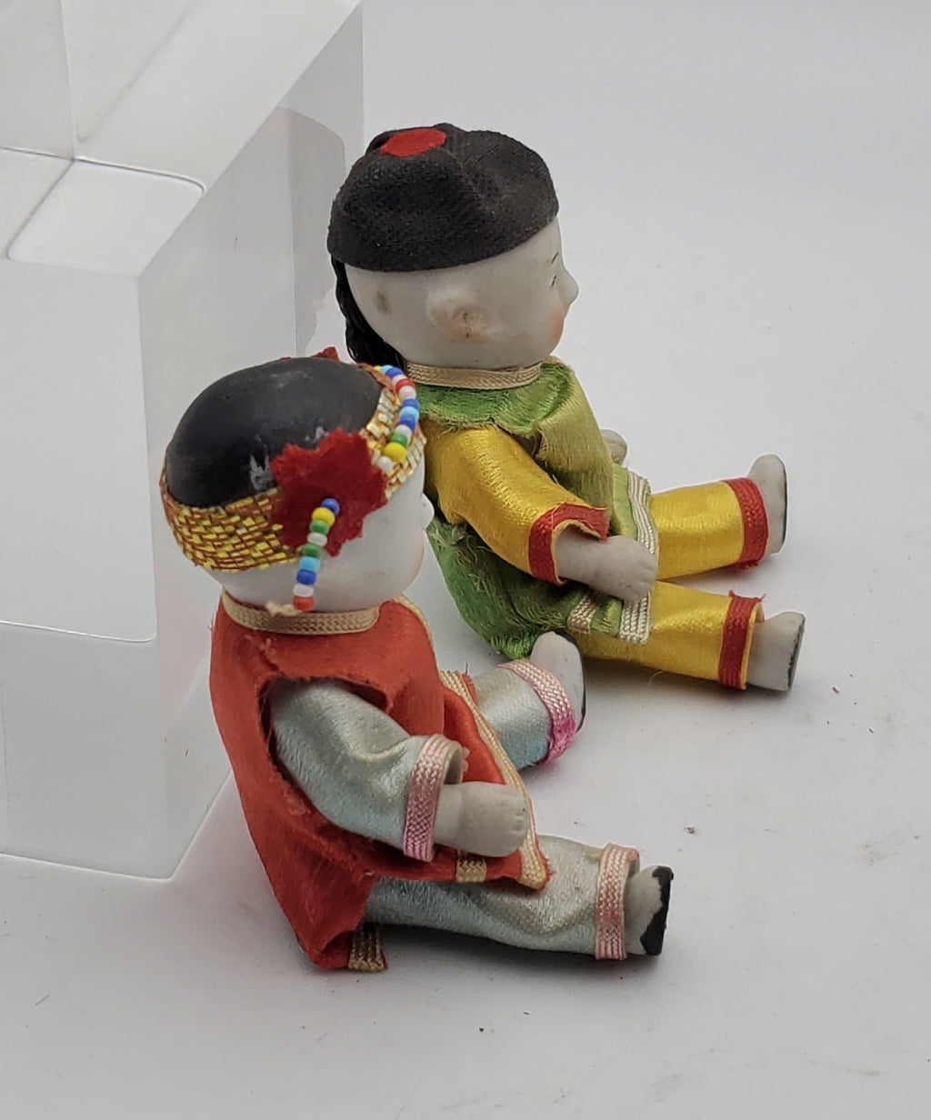 Vintage Pair of Japanese Porcelain Dolls in Wicker Basket