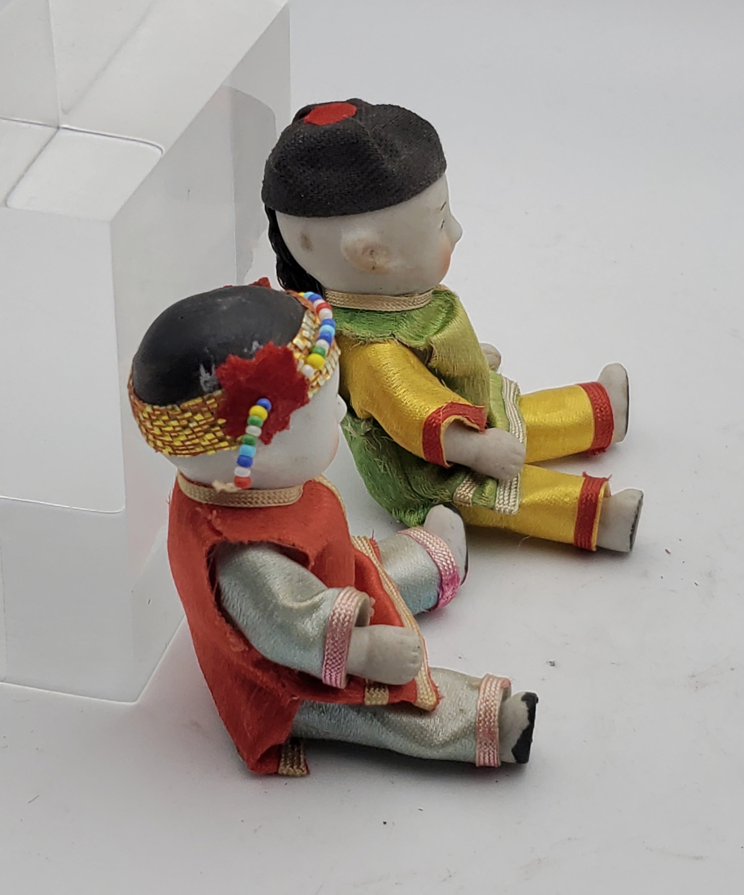 Vintage Pair of Japanese Porcelain Dolls in Wicker Basket