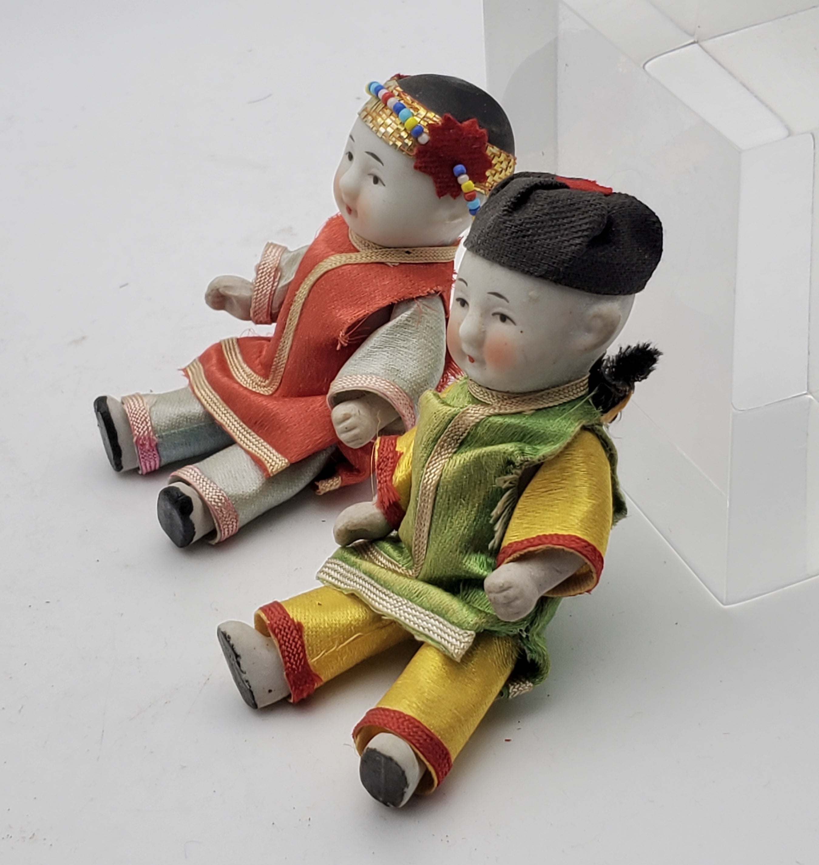 Vintage Pair of Japanese Porcelain Dolls in Wicker Basket