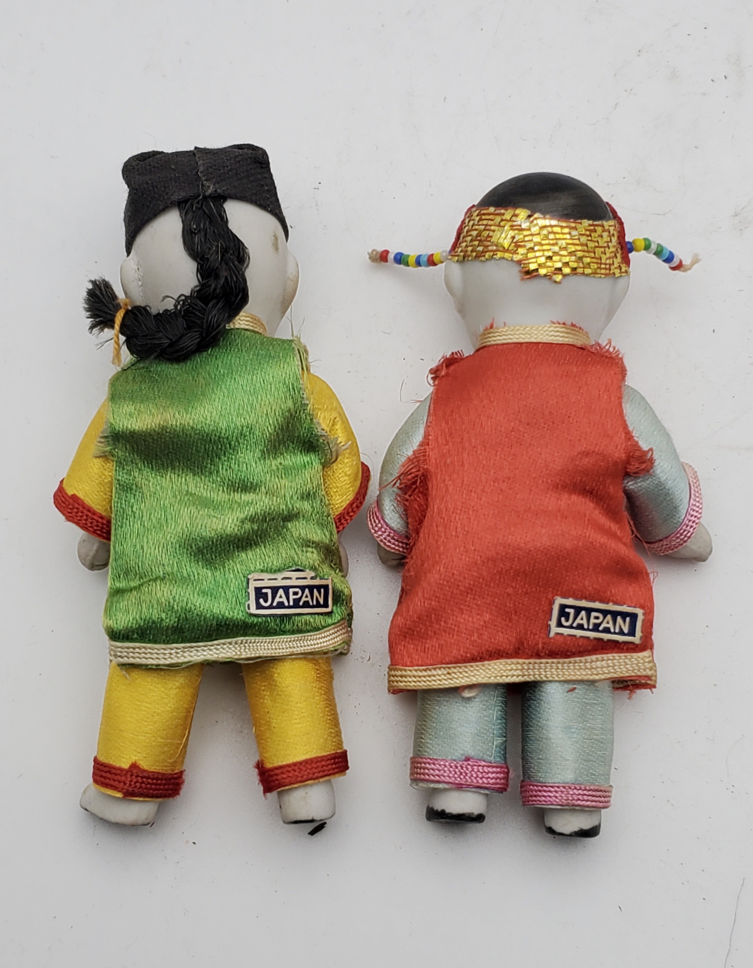 Vintage Pair of Japanese Porcelain Dolls in Wicker Basket