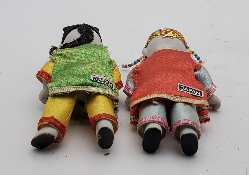 Vintage Pair of Japanese Porcelain Dolls in Wicker Basket