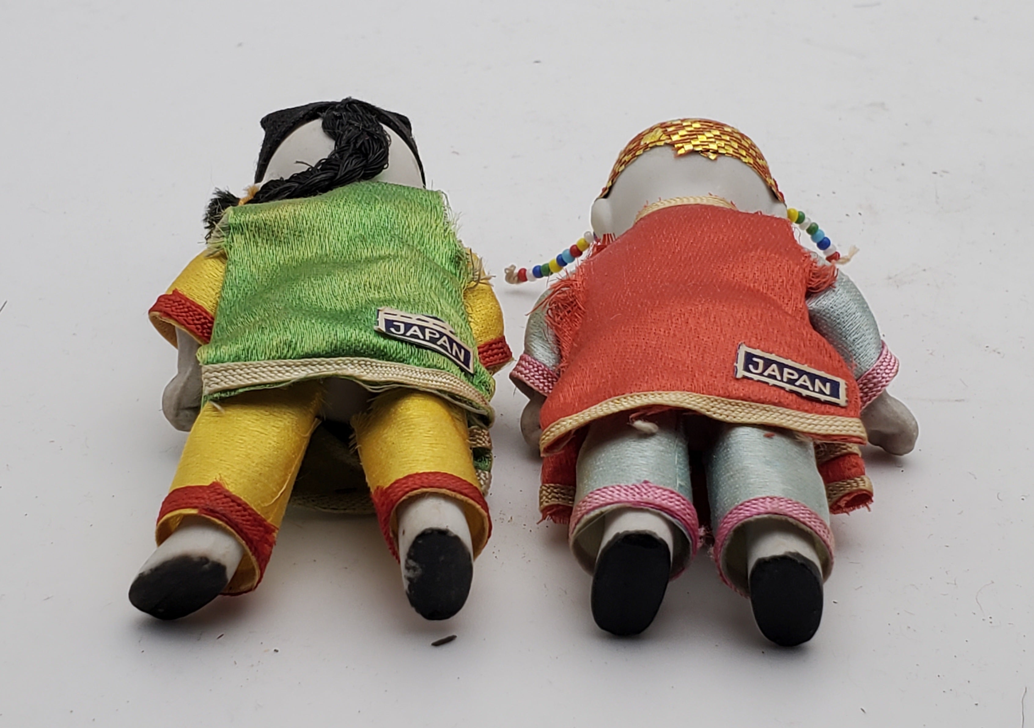 Vintage Pair of Japanese Porcelain Dolls in Wicker Basket