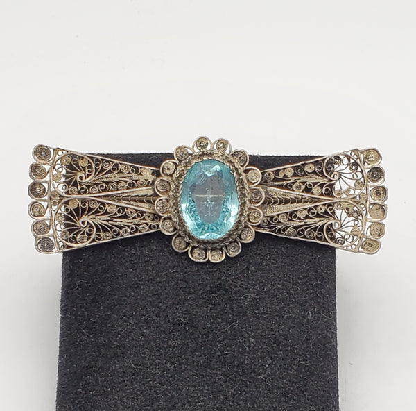 Vintage Handmade Filigree Imitation Aquamarine Brooch