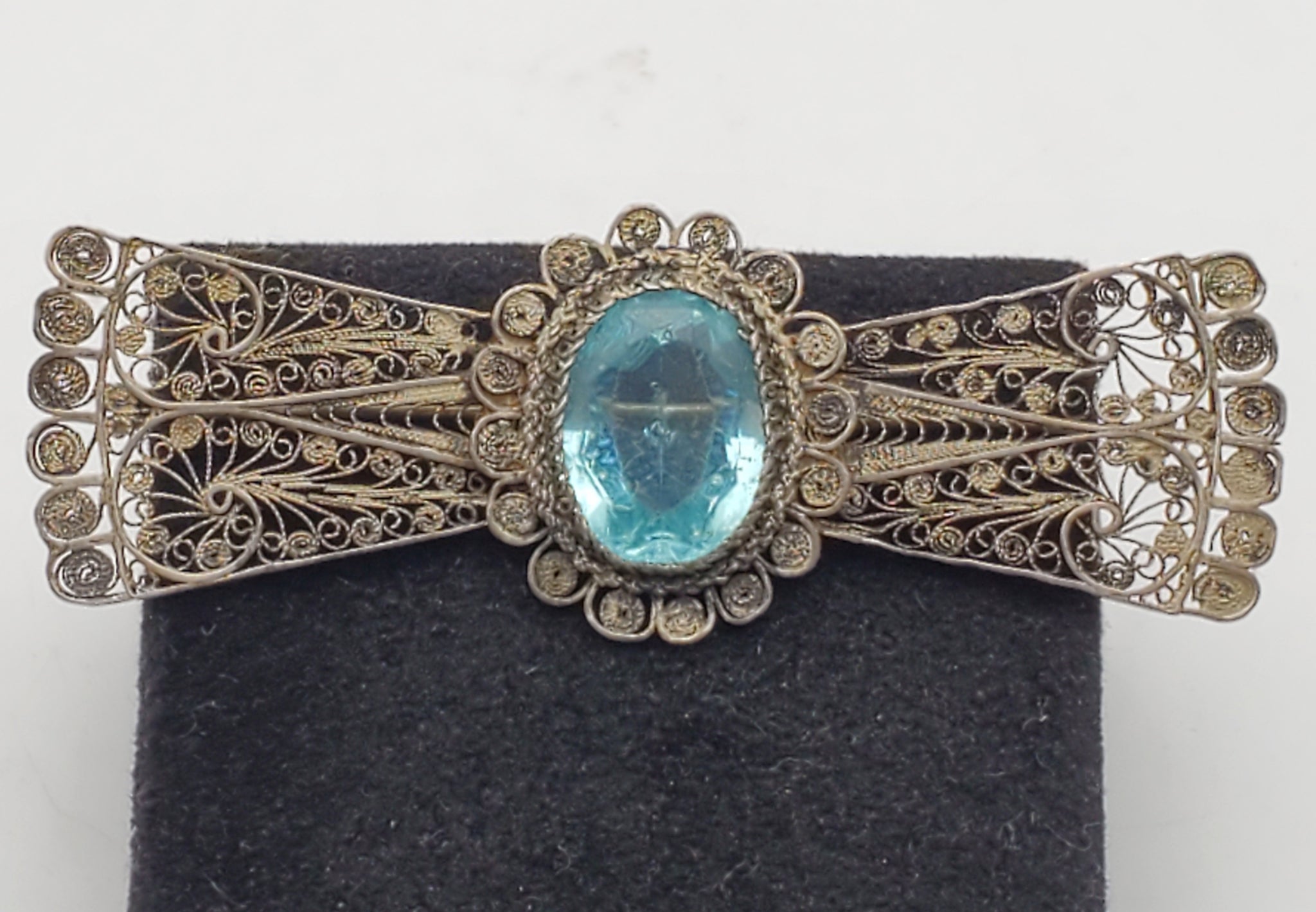 Vintage Handmade Filigree Imitation Aquamarine Brooch