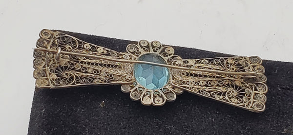 Vintage Handmade Filigree Imitation Aquamarine Brooch