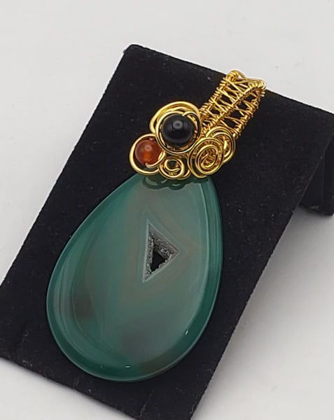 Dyed Green Geode Slice Gold Tone Wire Wrapped Pendant
