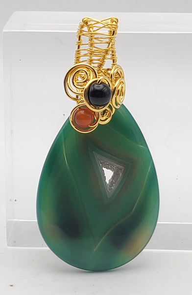 Dyed Green Geode Slice Gold Tone Wire Wrapped Pendant