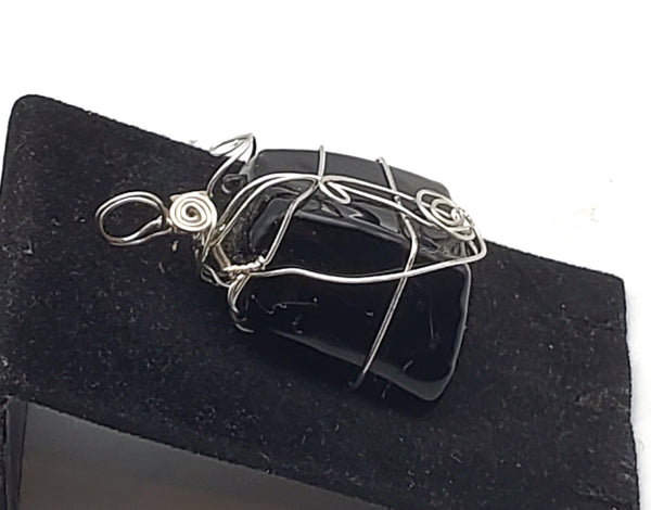 Extremely Dark Purple (Black) Glass Chunk Silver Wire Wrapped Pendant