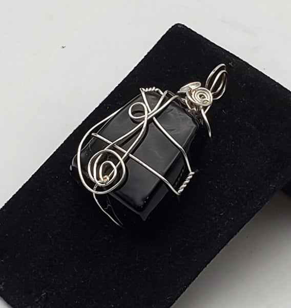 Extremely Dark Purple (Black) Glass Chunk Silver Wire Wrapped Pendant