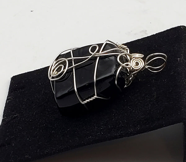 Extremely Dark Purple (Black) Glass Chunk Silver Wire Wrapped Pendant