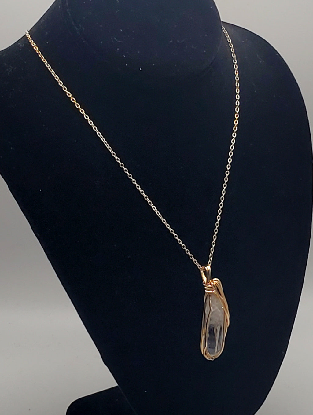 Vintage Wire Wrapped Quartz Crystal Point Pendant on Chain Necklace