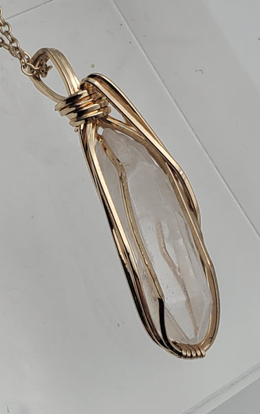 Vintage Wire Wrapped Quartz Crystal Point Pendant on Chain Necklace
