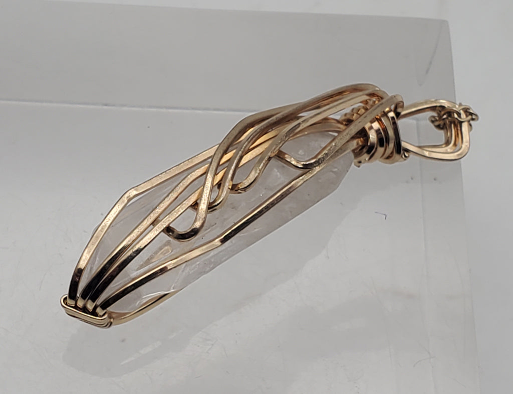 Vintage Wire Wrapped Quartz Crystal Point Pendant on Chain Necklace