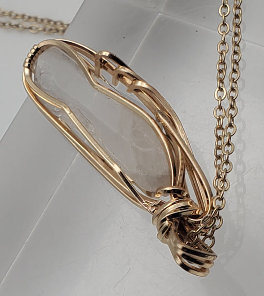 Vintage Wire Wrapped Quartz Crystal Point Pendant on Chain Necklace