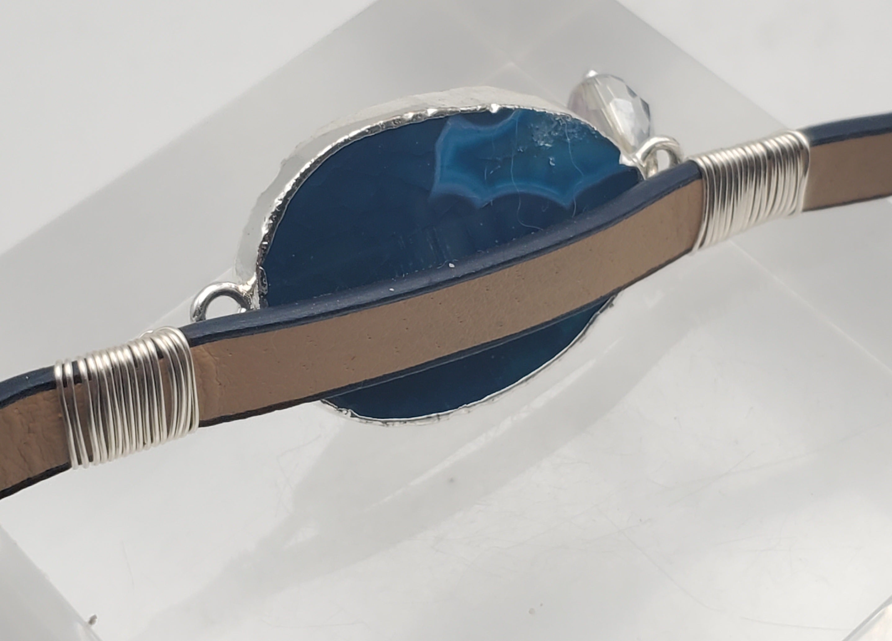 Vintage Dyed Agate Slide Dark Blue Faux Leather Belt