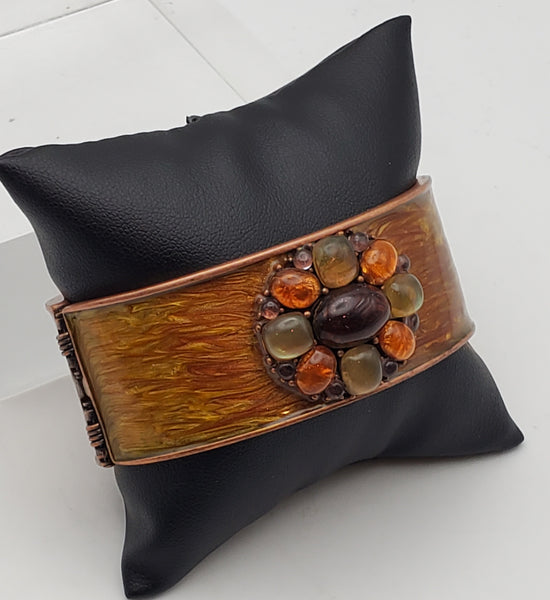 Vintage Copper Hinged Wide Cuff Enameled Bracelet