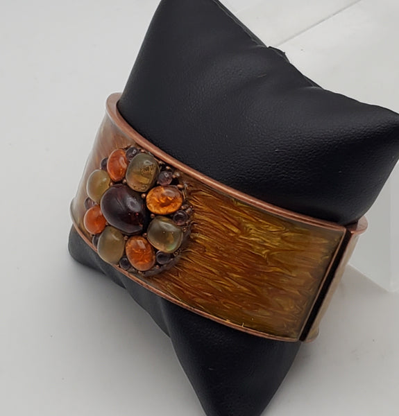 Vintage Copper Hinged Wide Cuff Enameled Bracelet