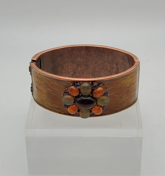 Vintage Copper Hinged Wide Cuff Enameled Bracelet