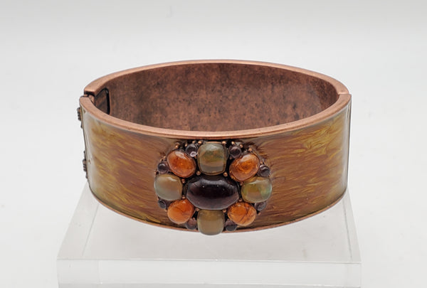 Vintage Copper Hinged Wide Cuff Enameled Bracelet