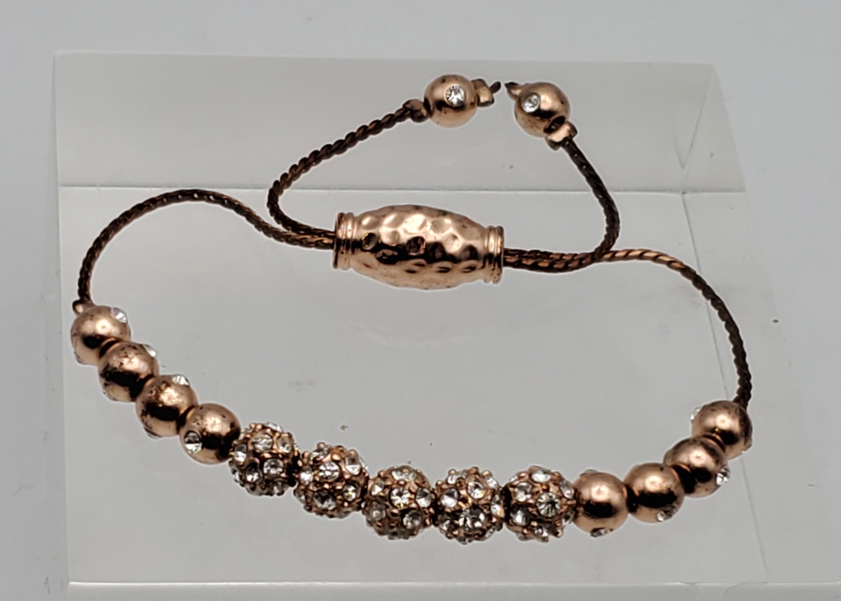 Vintage Brass Copper Tone Rhinestone Studded Lariat Bracelet
