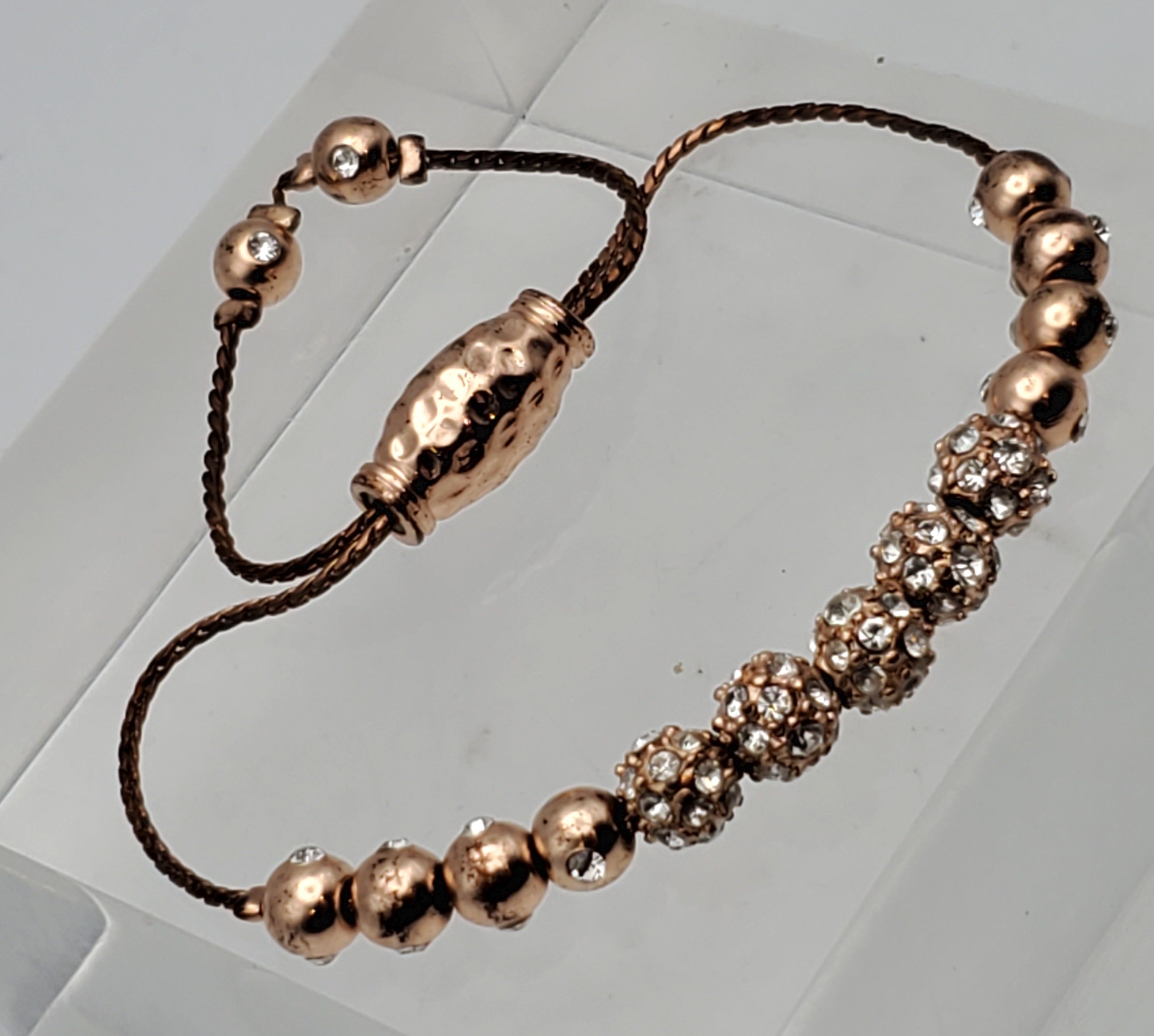 Vintage Brass Copper Tone Rhinestone Studded Lariat Bracelet