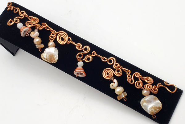 Vintage Bent Wire Copper Shell and Pearl Bracelet - 7.5"
