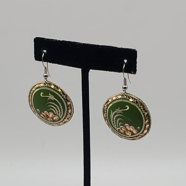 Vintage Green Copper Floral Engraved Dangle Earrings