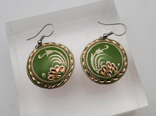 Vintage Green Copper Floral Engraved Dangle Earrings