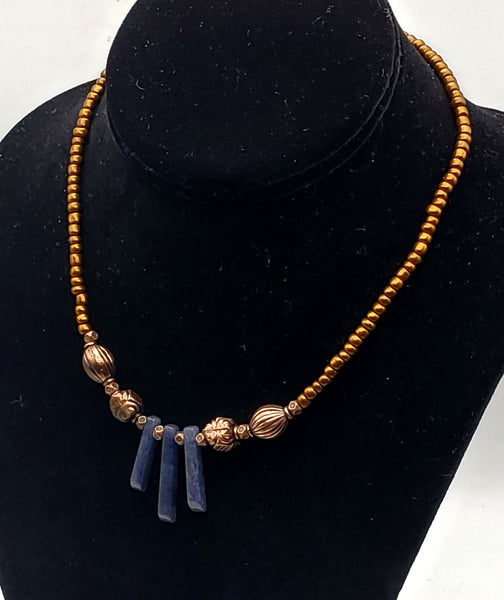 Vintage Copper Bead Necklace with Blue Aventurine Drops - 16"