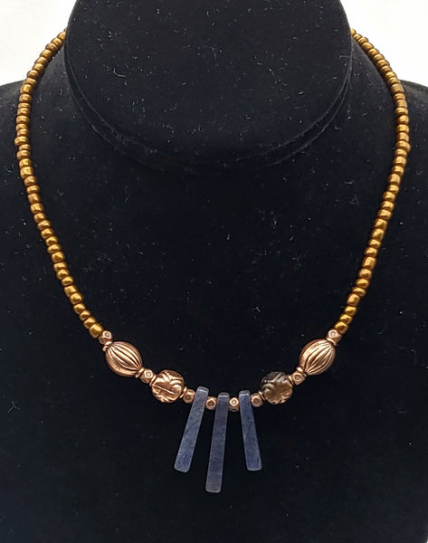 Vintage Copper Bead Necklace with Blue Aventurine Drops - 16"