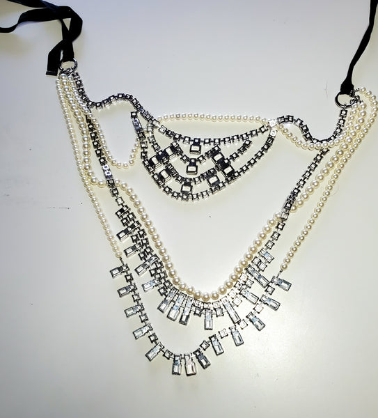 Malene Birger - Vintage Opera Length Multi-Strands of Pearls and Rhinestones Ribbon Tied Necklace - 60"