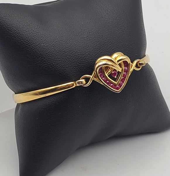 Vintage Ruby Heart Charm Gold Plated  Bangle Bracelet