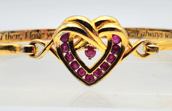 Vintage Ruby Heart Charm Gold Plated  Bangle Bracelet