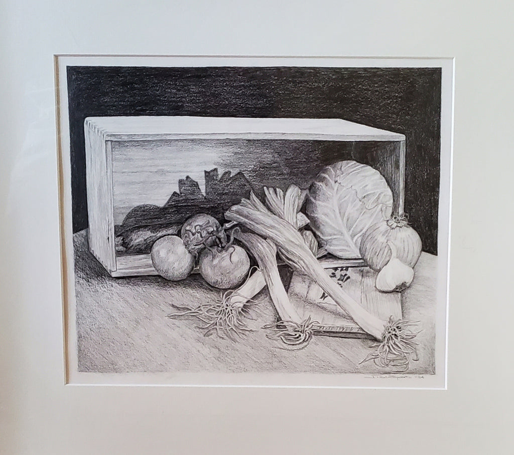 Original Pencil on Paper Still Life Crate of Produce
