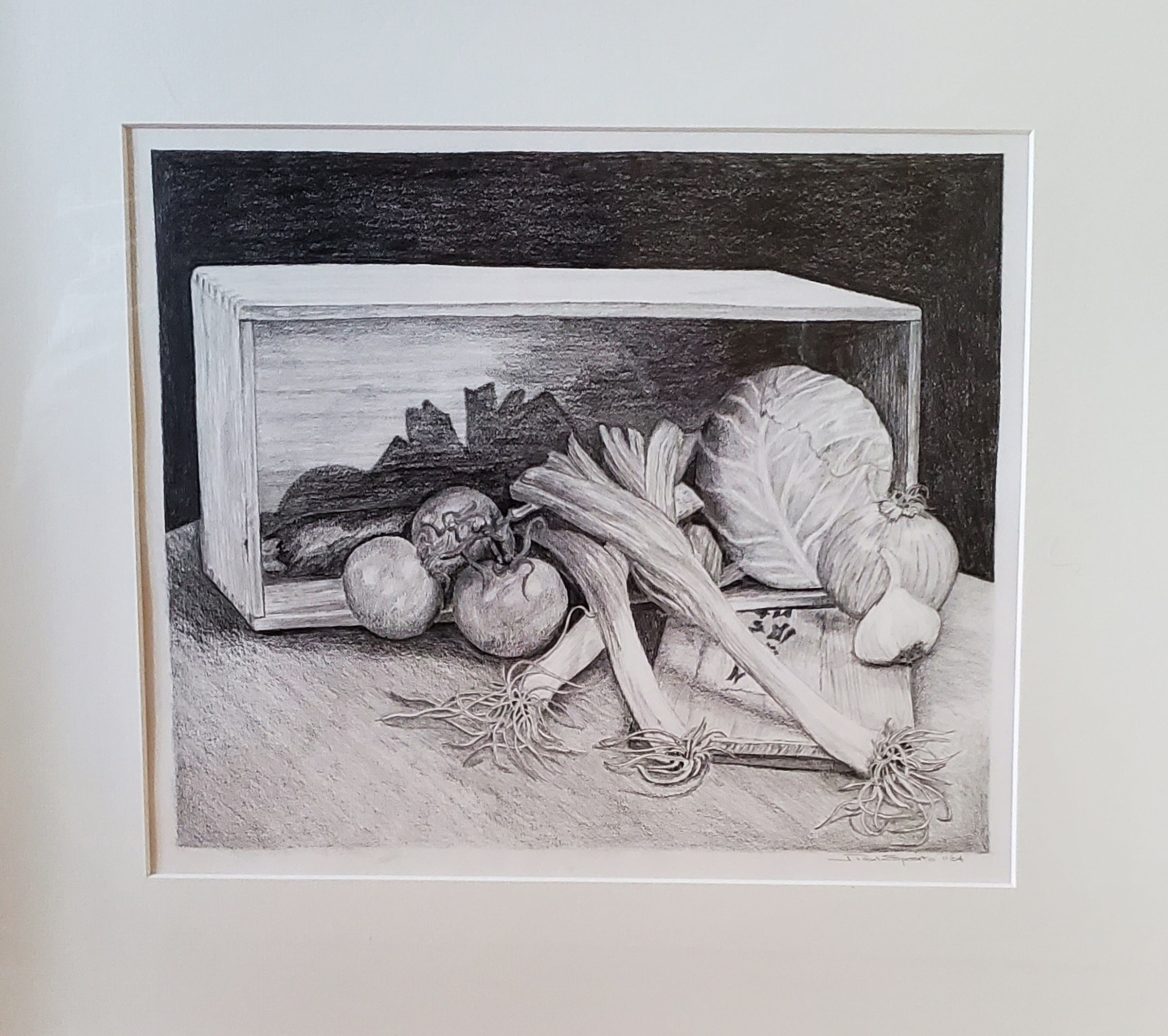Original Pencil on Paper Still Life Crate of Produce