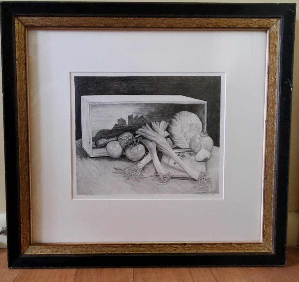Original Pencil on Paper Still Life Crate of Produce