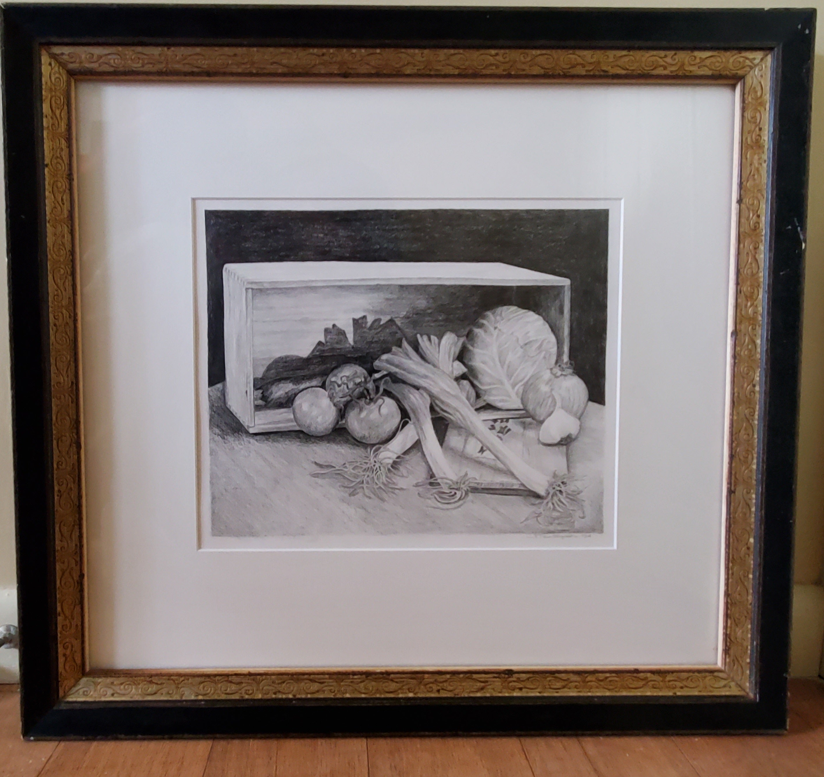 Original Pencil on Paper Still Life Crate of Produce