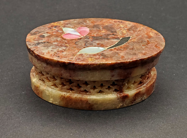 Carved Soapstone Inlaid Mother-of-Pearl Trinket Box