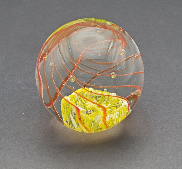 Vintage Yellow with Orange Swirl Glass Paperweight