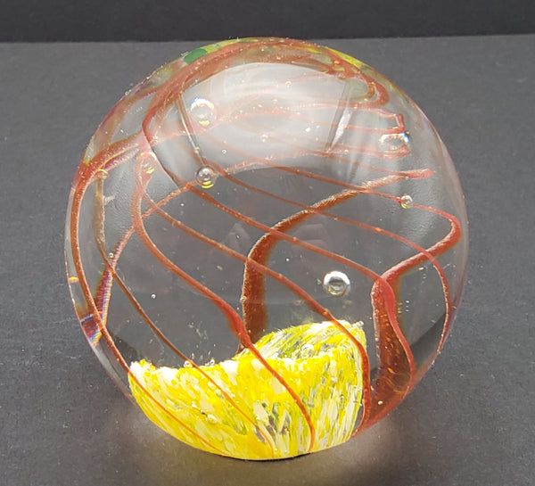 Vintage Yellow with Orange Swirl Glass Paperweight