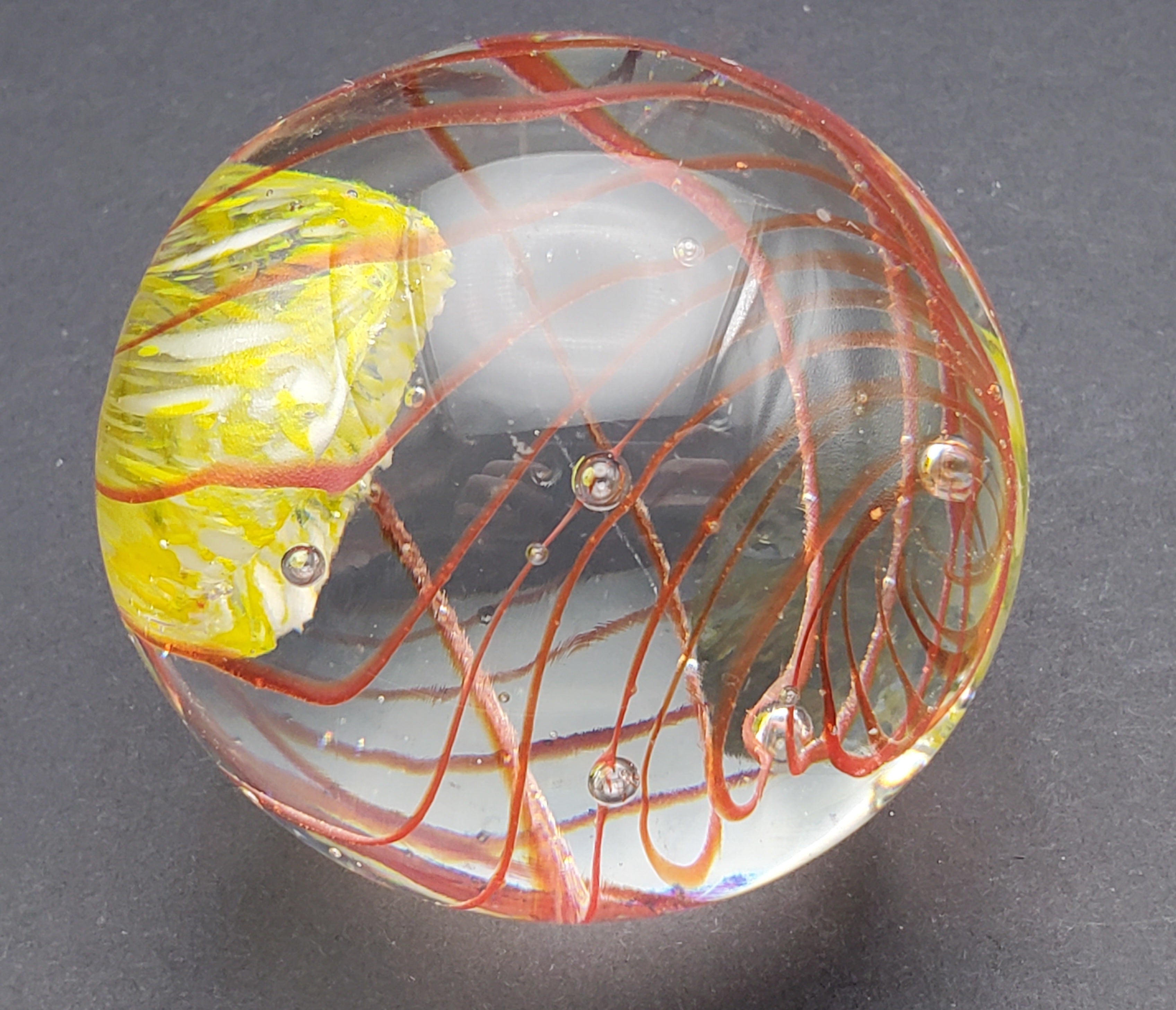 Vintage Yellow with Orange Swirl Glass Paperweight