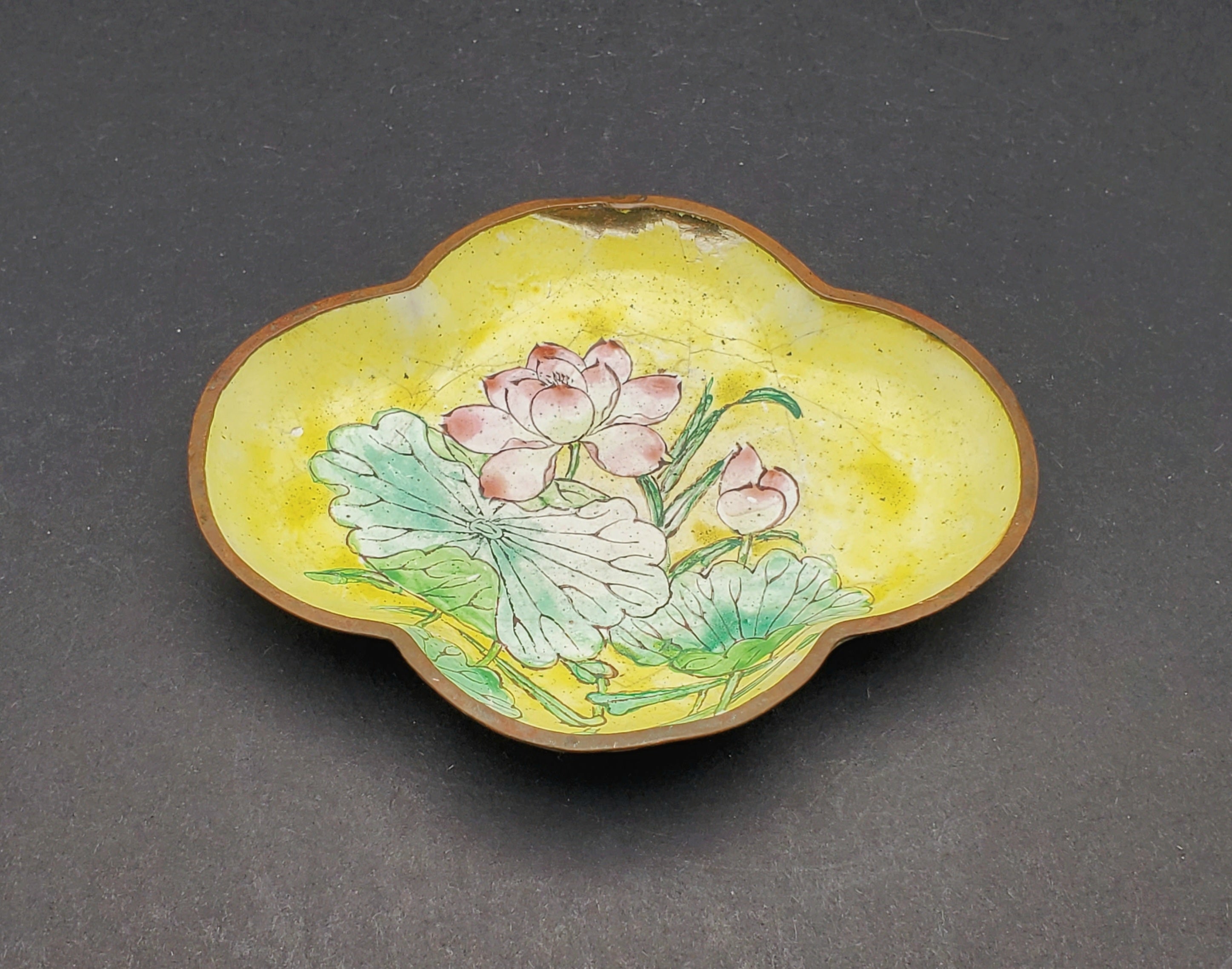 Vintage Hand Painted Enamel Copper Trinket Dish - DAMAGED